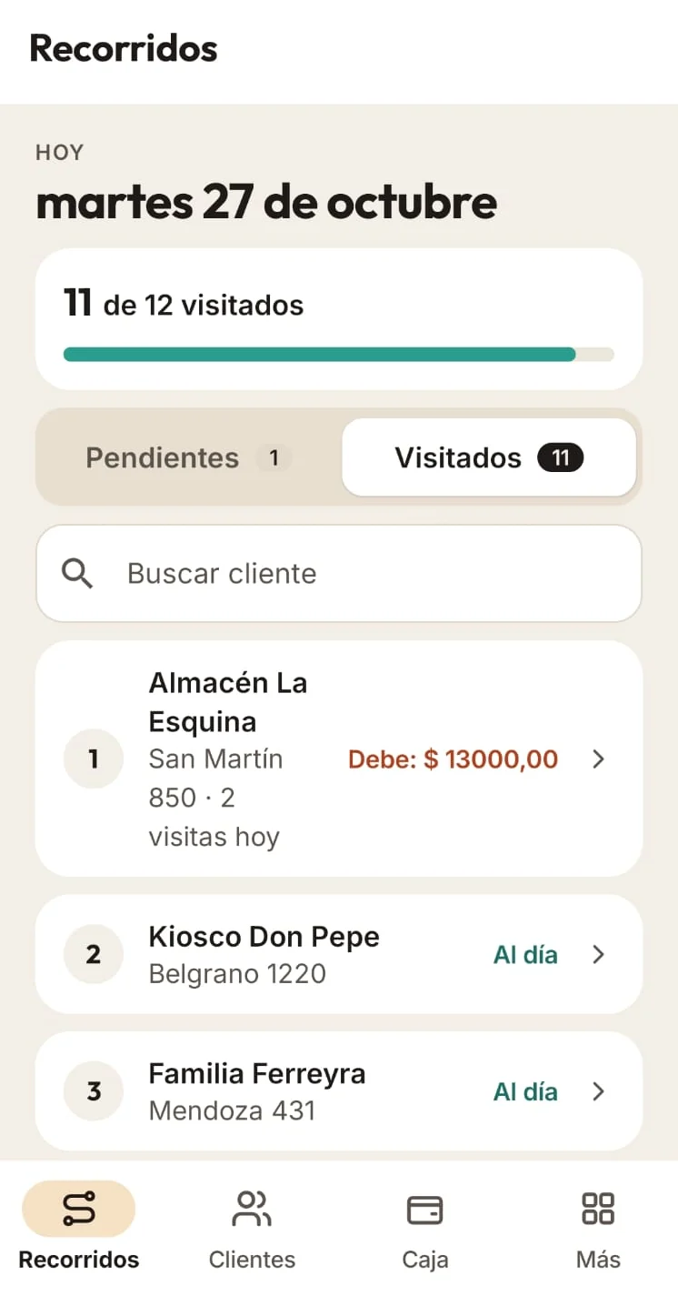 Pantalla de recorridos de Tilda con los clientes visitados y sus saldos